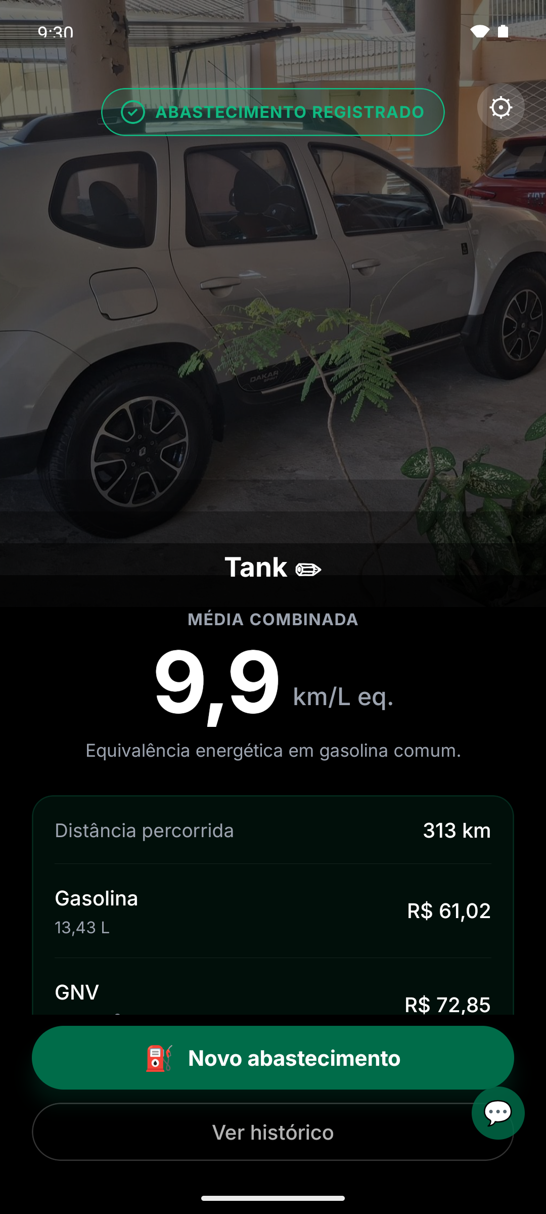 Petrol and CNG at the same stop — 9.9 km/L equivalent combined