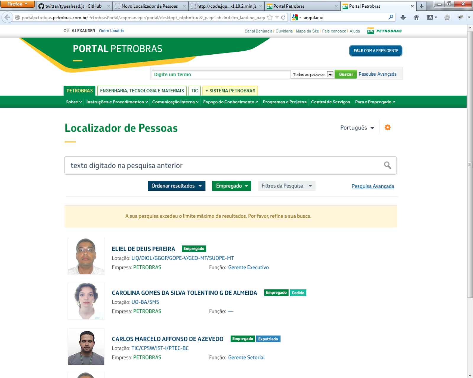 Screen with the results list of the people search