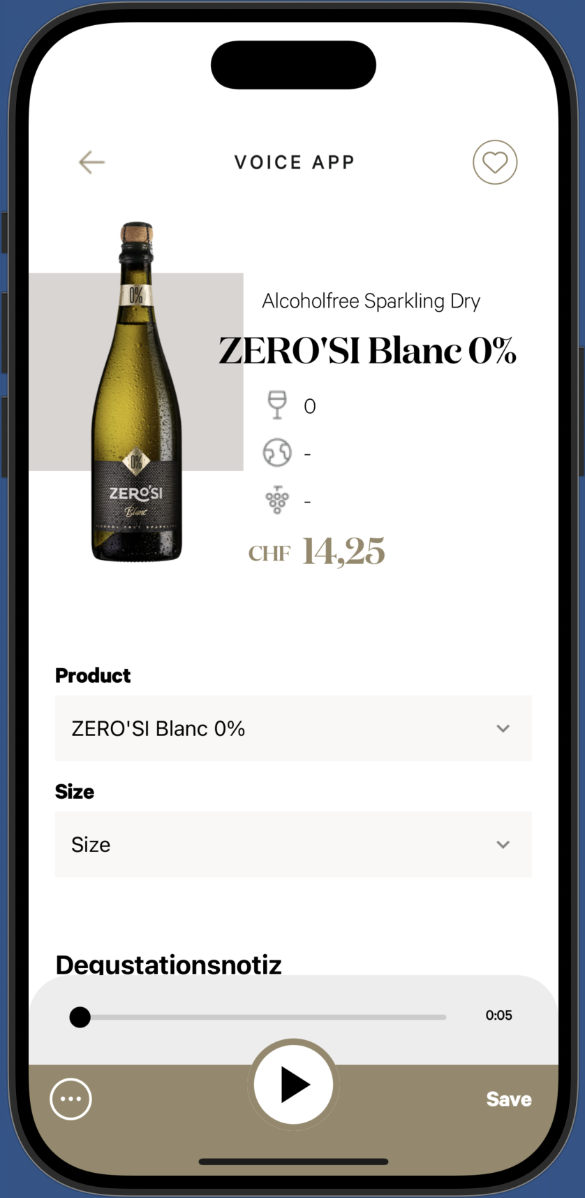 Product detail — size, variant, and a tasting note the buyer can play back